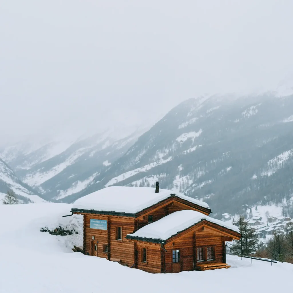 Foto mit einer bewohnbaren Hütte in verschneiter Berglandschaft. Das Wetter ist grau und bewölkt, aber man kann sich gut vorstellen, dass es im Inneren der Hütte gemütlich sein könnte.