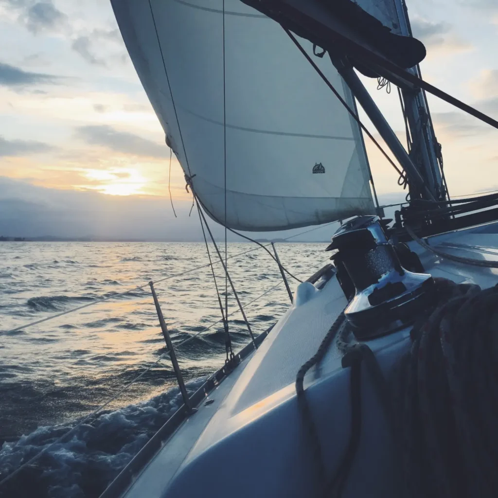 Das Foto zeigt den Blick von einem Segelboot mit gesetzten Segeln in leichter Schräglage. Der Blick geht auf's offenen Wasser und den leicht bewölkten Himmel mit untergehender Sonne.