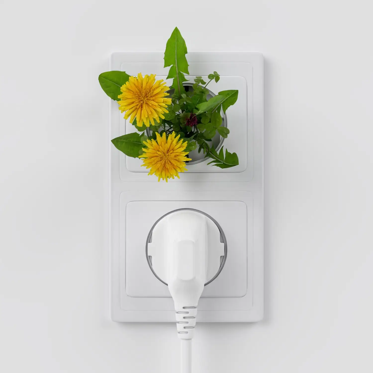Das Bild zeigt eine weiße Doppelsteckdose in einer weißen Wand. An der einen Steckdose ist ein Kabel mit Stecker angeschlossen, aus der zweiten Steckdose wächst scheinbar ein Löwenzahn mit gelben Blüten und grünen Blättern.
